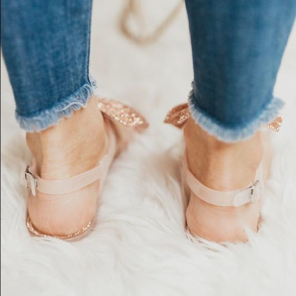 Rhinestone Bling Bow Jelly Sandals Nude Flip Flops - Picture 4 of 8